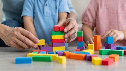 Parents and children bonding, building colorful towers with wooden toy blocks, experiencing early childhood education, fostering creative learning, playing and developing motor skills together