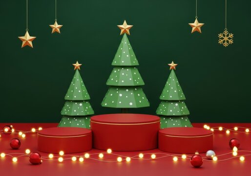 Festive christmas tree display with red pedestals and twinkling lights isolated on white background