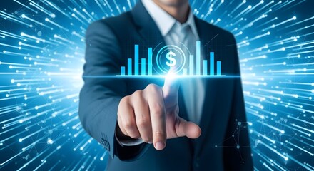 Illustration of a businessman is touching a virtual screen with a dollar sign and a bar graph, representing financial growth and investment in the digital age