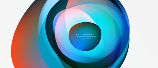 Abstract layered shapes create vibrant circular design. Colors blend, forming dynamic visual effect. Modern background element.