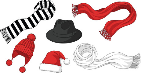 Winter Headwear and Scarves Set, Santa Hat, Knit Cap, Fedora, Striped and Solid Scarves, Cold Weather Accessories, Vector Illustration