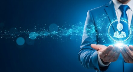 Illustration of businessman presenting a digital avatar of a person, representing human resources, recruitment, and talent management in the modern business world