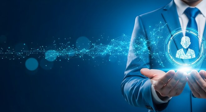 Illustration of businessman presenting a digital avatar of a person, representing human resources, recruitment, and talent management in the modern business world