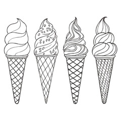 Four sketched ice cream cones stand neatly in a row, each a delectable treat