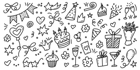 Birthday celebration doodle set with gifts flowers and party elements