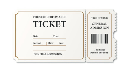 Vector Realistic Event Ticket Template. Retro Cinema or Theater Ticket Template. Movie, Performance, Festival Concept. Admission Pass, Classic Entertainment Vintage Ticket