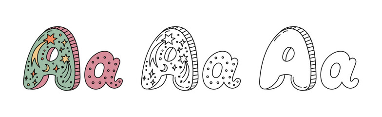 Decorative celestial letter A alphabet design with stars and moon