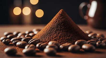 Aromatic coffee beans and ground coffee pile