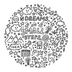Motivational small steps doodle circle with stars ideas and goals