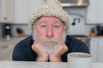 Senior man with blue eyes and beard in knitted hat sits thoughtfully in cozy kitchen with mug, evoking themes of aging, comfort, and homely relaxation