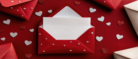 Bright red envelopes with a blank card surrounded by sparkling hearts on a vibrant red background for heartfelt messages