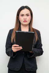 Fototapeta premium Asian Business Woman Studio Portrait on White Background Using Digital Tablet Computer