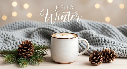 Cozy winter morning with hot coffee and pinecones