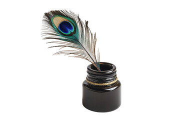 Decorative Peacock Quill Pen with Ink Bottle Isolated on Transparent Background