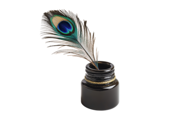 Decorative Peacock Quill Pen with Ink Bottle Isolated on Transparent Background