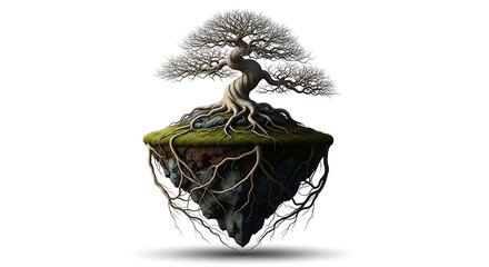 Magical floating island with ancient tree and exposed roots