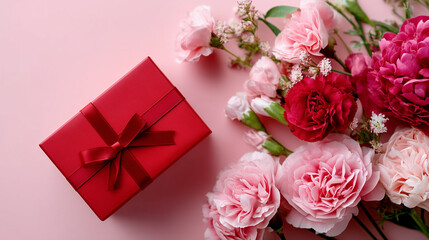 valentine's day background with a red gift box and pink flowers on a pastel-colored surface, flat lay top view, copy space concept for romantic holiday card design. valentine's day