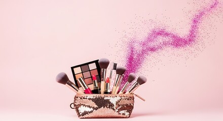 Sparkling makeup brushes and palette with pink powder explosion