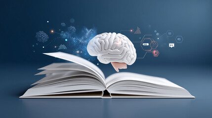 E-learning, Online education concept with open book icon, AI brain, creative thinking and video representing interactive smart learning and knowledge management in digital environm
