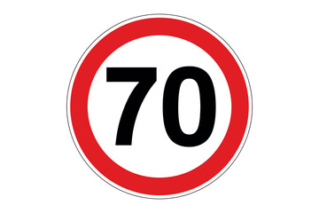 Fototapeta premium A circular red and white speed limit sign indicating 70.