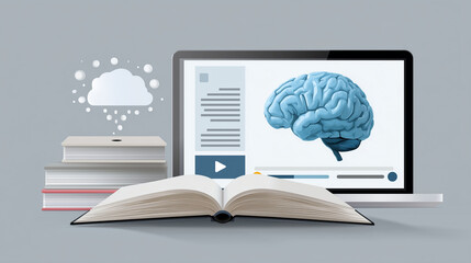 E-learning, Online education concept with open book icon, AI brain, creative thinking and video representing interactive smart learning and knowledge management in digital environm