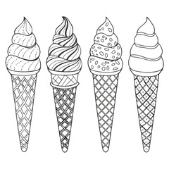 Four ice cream cones with various toppings line art designs create a monochrome collection