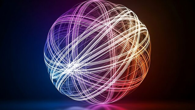 Illustration of abstract glowing sphere with colorful intertwined lines on a dark background