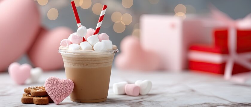 Valentines day iced coffee with heart marshmallows and gingerbread cookies on a marble counter with festive pink decorations and gift boxes - Powered by Adobe