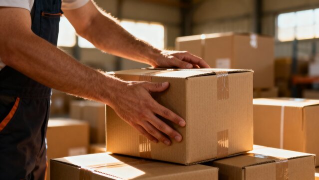 Warehouse worker hands holding cardboard boxes and stacking them carefully on a pile during shipping preparation