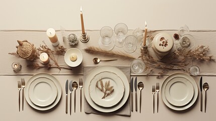 Fototapeta premium Elegant top-down view of a minimalist Christmas dinner table with candles, pine branches, and warm golden tones, arranged in a harmonious flat lay with soft lighting and high-detail textures.