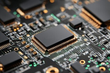 A detailed close-up of an electronic circuit board featuring various chips, connectors, and circuit pathways. It emphasizes the complexity and precision of modern technology