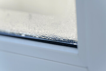 Early morning condensation creates ephemeral patterns on the glass of a window in a home,...