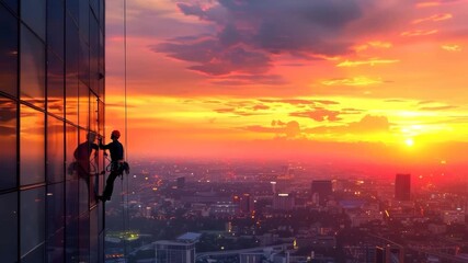 Window cleaner on skyscraper at sunset - Powered by Adobe