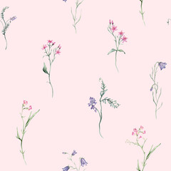 Watercolor seamless pattern white background - illustration with green leaves, pink blue purple buds and branches. Wildfield herbs flowers. Wedding invites, fashion, prints, backgrounds. Wildflowers