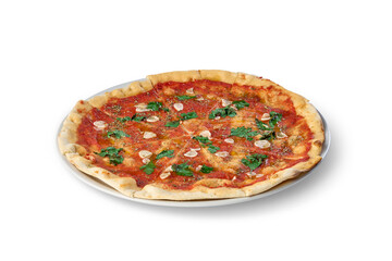 Authentic italian pizza marinara on a white plate with tomato sauce, garlic, and fresh herbs
