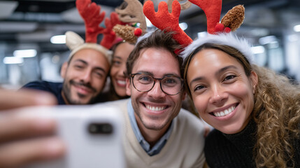 Faceless team taking selfie with Christmas props, defocused lights, winter office fun, holiday social media photo, seasonal employee bonding, festive workplace culture, New Year's corporate party