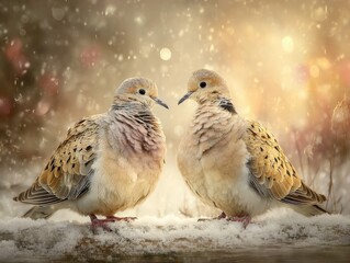 Obraz premium Two doves stand on snowy ground with a warm, glowing background during winter's serene twilight hour