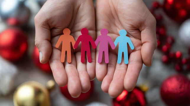 Faceless hands holding paper people figurines with Christmas colors, winter HR concept, holiday community building, seasonal social connection, defocused ornaments, with copy space