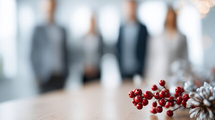 Faceless team building setting with blurred Christmas background, winter collaboration concept, holiday minimalistic design, seasonal dialog promotion, defocused festive elements,