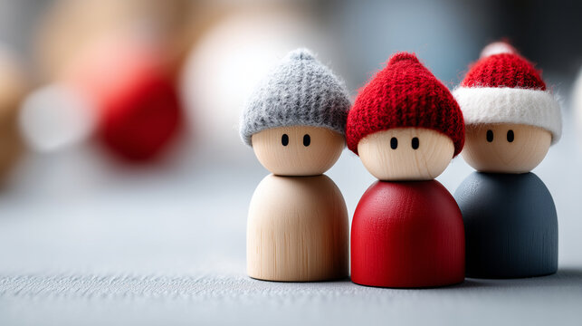 Faceless team building setting with blurred Christmas background, winter collaboration concept, holiday minimalistic design, seasonal dialog promotion, defocused festive elements,