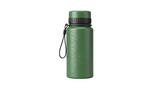 Green reusable water bottle for sports isolated on transparent background