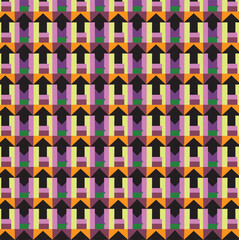 PrinHigh-Contrast Geometric Mosaic Pattern Showcasing Dark Accents, Angular Repetition, and Layered Abstract Shapes in Black, Yellow, Purple, and Orange for Modern Artistic, Decorative, and Textiles.