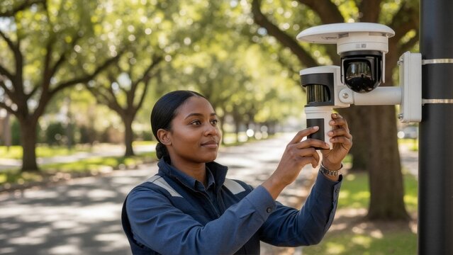 Female technician installing smart city surveillance camera. African American woman engineer adjusting CCTV security system on pole. Internet of Things IoT maintenance