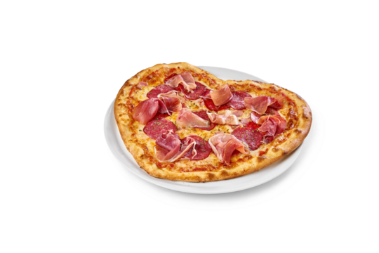 Pizza shaped like a heart topped with salami and prosciutto on a white plate - Powered by Adobe