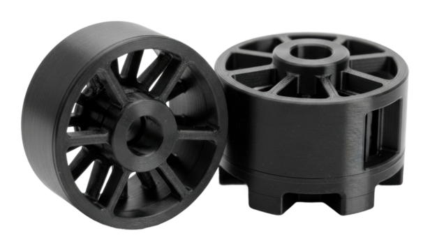 Printed black plastic parts industrial workshop product isolated on transparent background