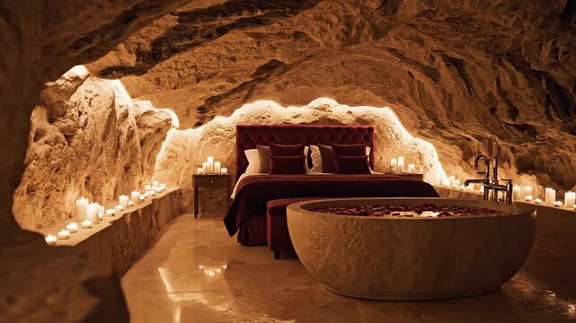 Cave Bedroom Interior with Red Bed and Stone Bathtub Lit by Candlelight