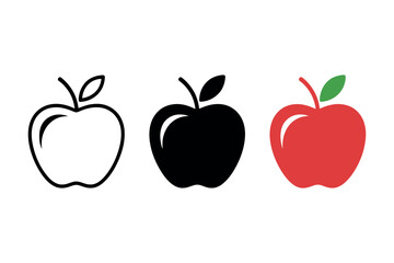 Three stylized apples shown in line art, silhouette, and color.