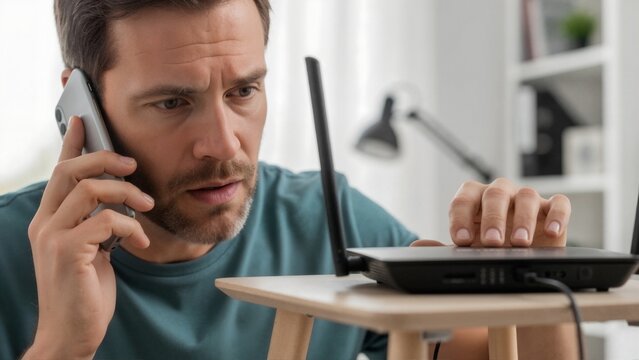 Confused man calling technical support while checking Wi-Fi router. Frustrated male troubleshooting internet connection problem on phone at home. Wireless network failure concept - Powered by Adobe