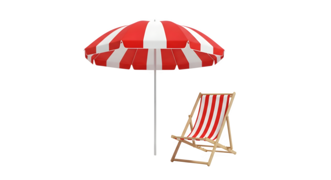 Miniature beach umbrella and deck chair red and white isolated on transparent background - Powered by Adobe