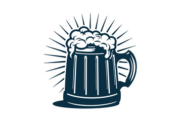 Dark blue beer mug overflows amidst radiant light lines against pure white background